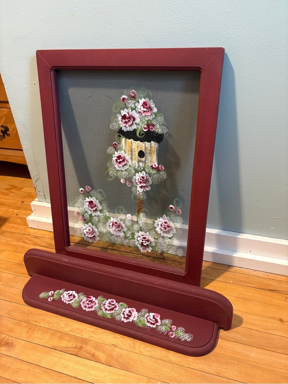 Vintage Burgundy Hand-Painted Floral Birdhouse Screen with Matching Shelf
